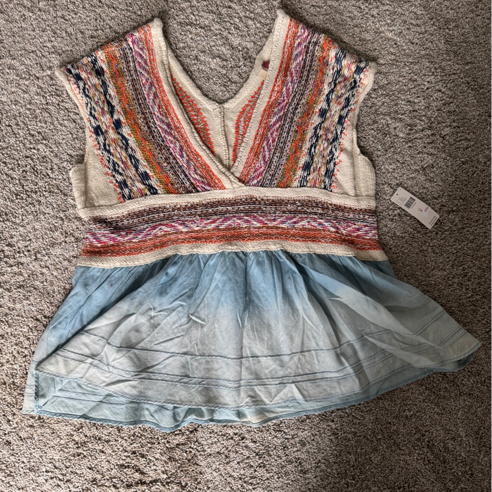 Anthropologie Colorful Knit and Denim Sleeveless Top Medium NWT